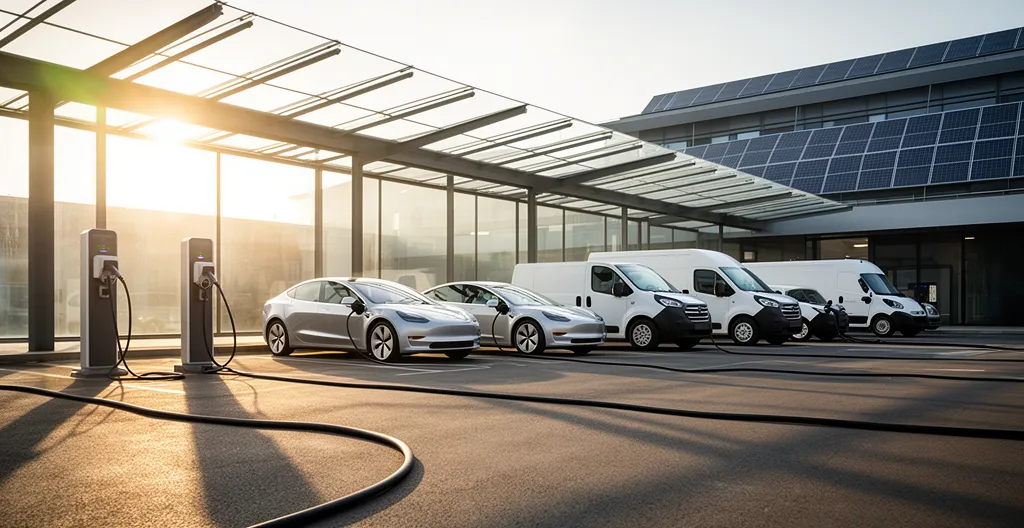 Parc de véhicules électriques d'entreprise en charge dans une station moderne avec panneaux solaires