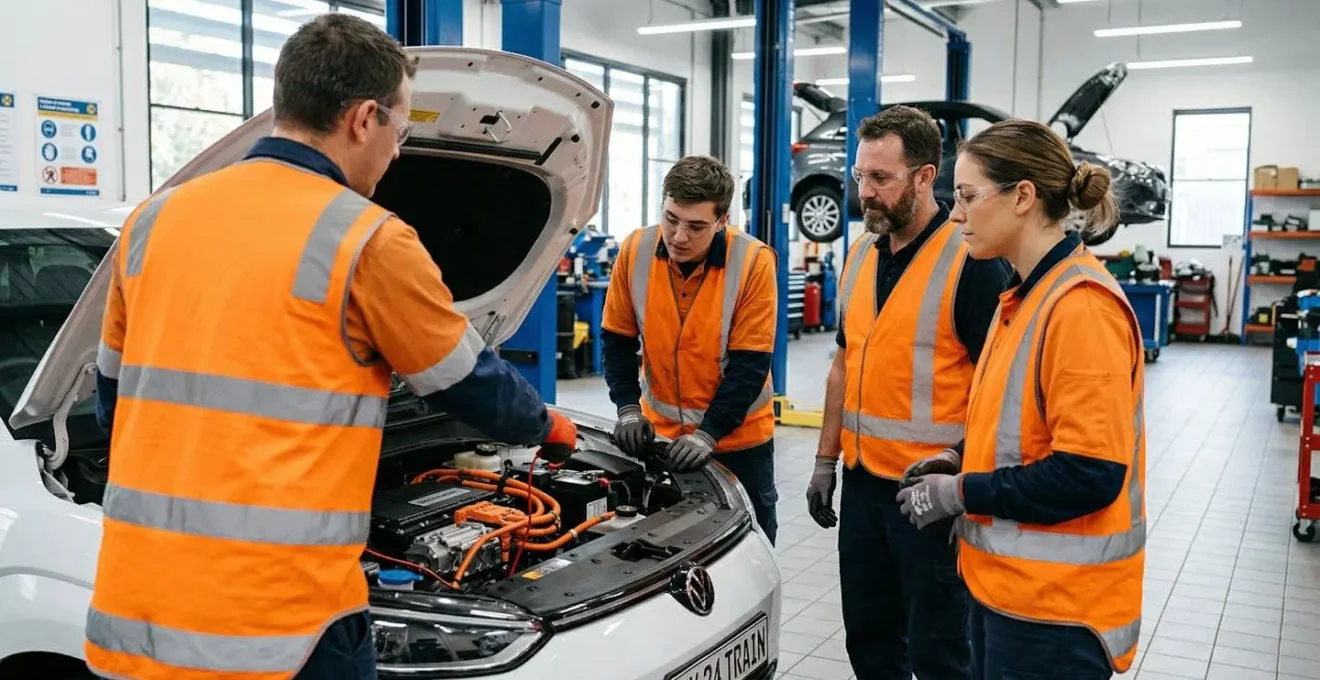Techniciens en formation d'habilitation électrique dans un atelier automobile moderne