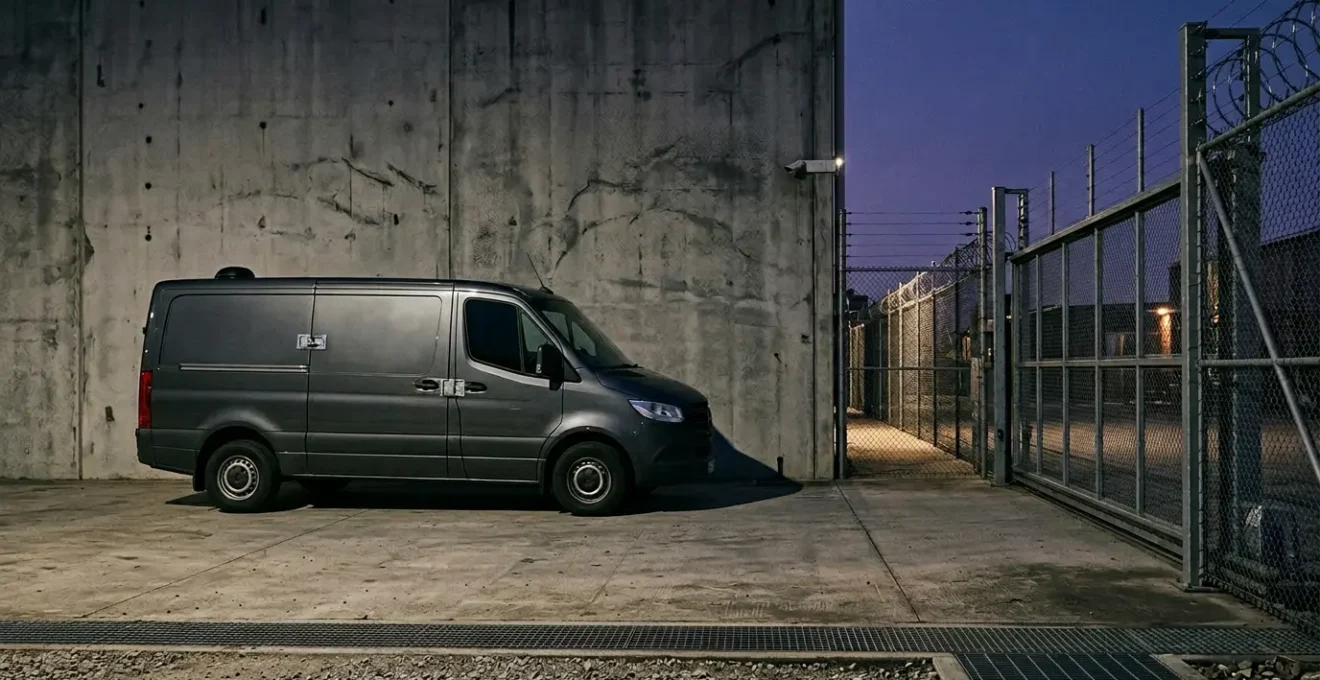 Fourgonnette d'artisan stationnée de nuit dans une zone sécurisée avec système de protection