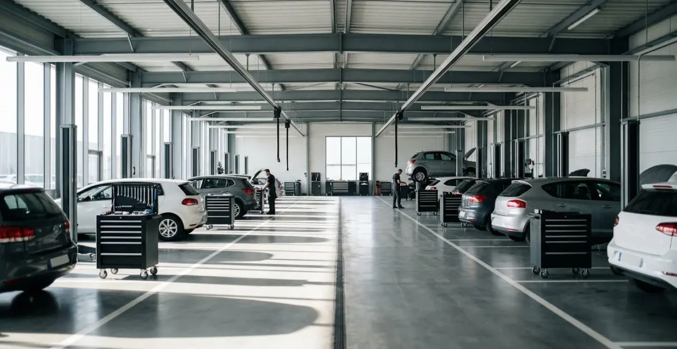 Vue d'ensemble d'un garage automobile moderne avec plusieurs véhicules en réparation
