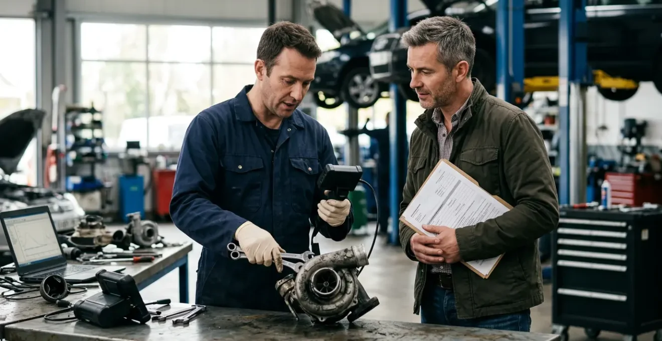 Expert automobile inspectant un turbo endommagé avec un propriétaire de véhicule tenant des documents d'assurance