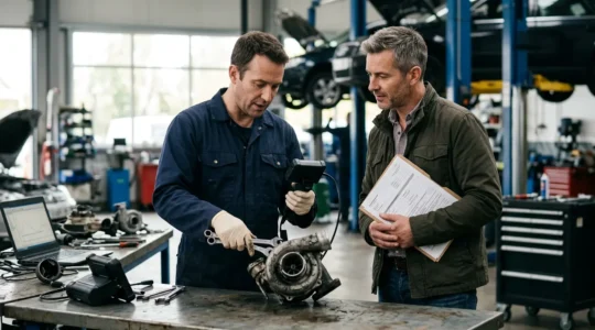 Expert automobile inspectant un turbo endommagé avec un propriétaire de véhicule tenant des documents d'assurance