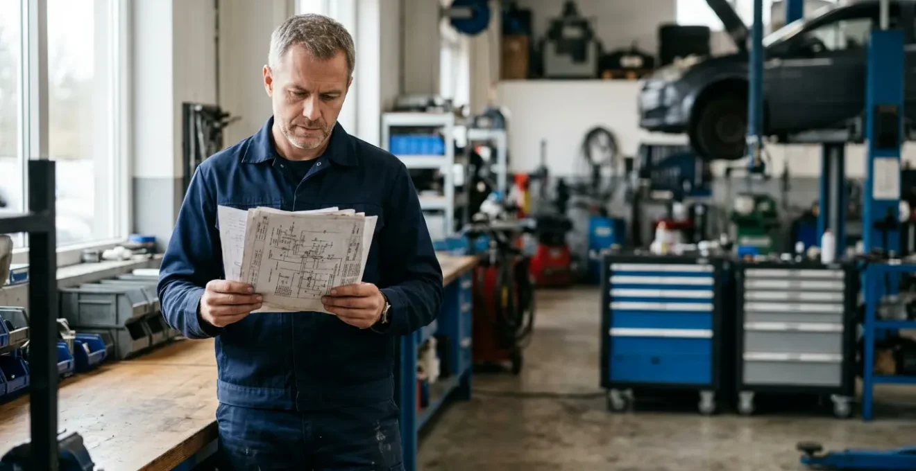 Mécanicien professionnel examinant une facture détaillée dans un garage indépendant moderne
