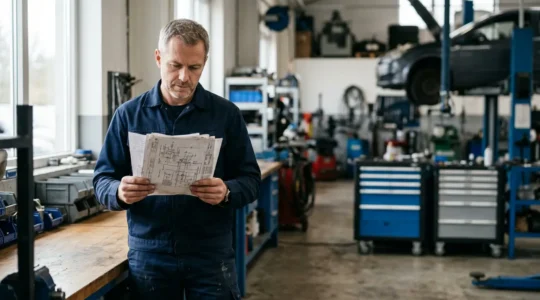 Mécanicien professionnel examinant une facture détaillée dans un garage indépendant moderne