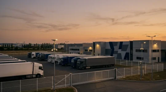 Camion sécurisé dans un parking gardé de nuit avec éclairage et barrières de sécurité