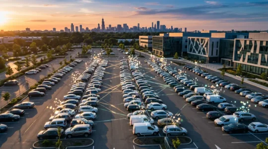 Vue aérienne d'un parc automobile d'entreprise moderne avec interface digitale en surimpression, montrant l'optimisation de la gestion de flotte