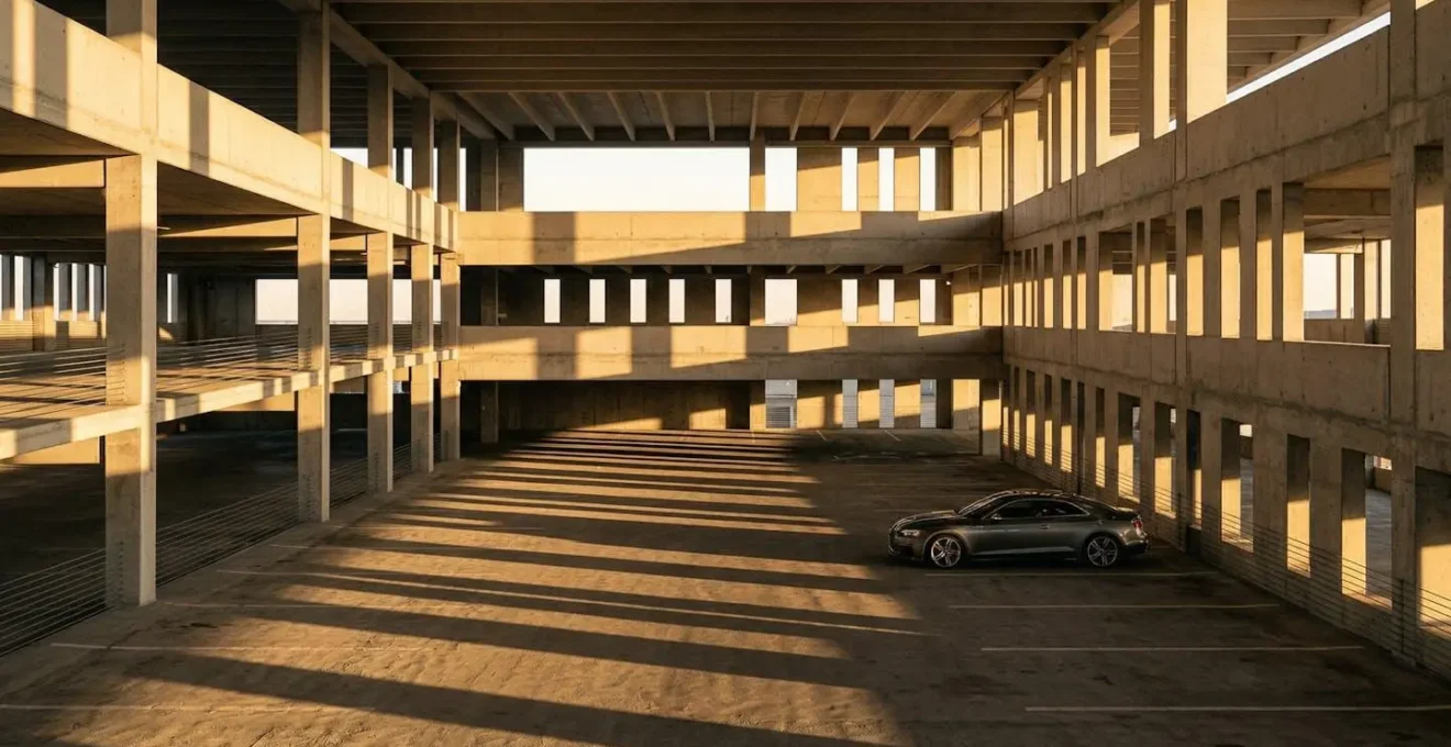 Vue minimaliste d'un parking avec véhicule solitaire symbolisant le passage du temps et la dépréciation automobile