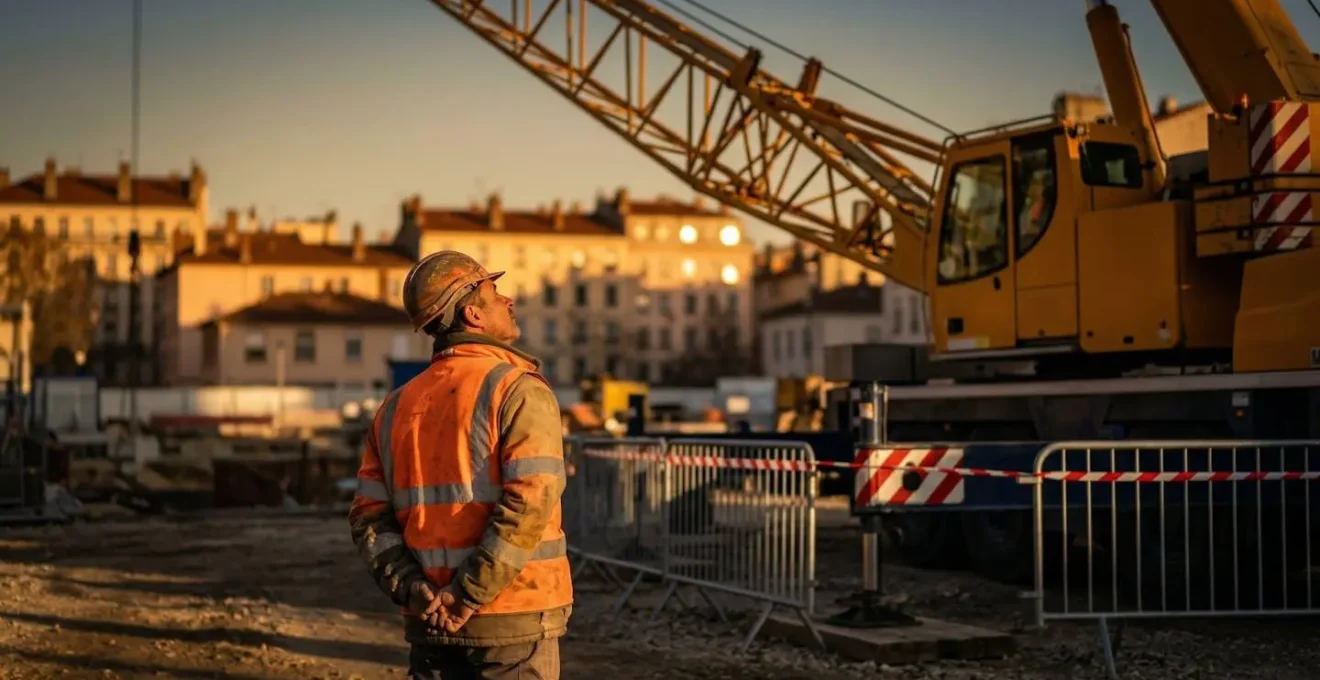 Vue large d'une grue mobile sur chantier avec périmètre de sécurité balisé et perspective humaine