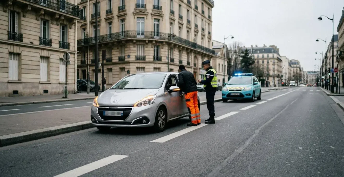 Véhicule immobilisé lors d'un contrôle routier avec un agent de police en arrière-plan en France