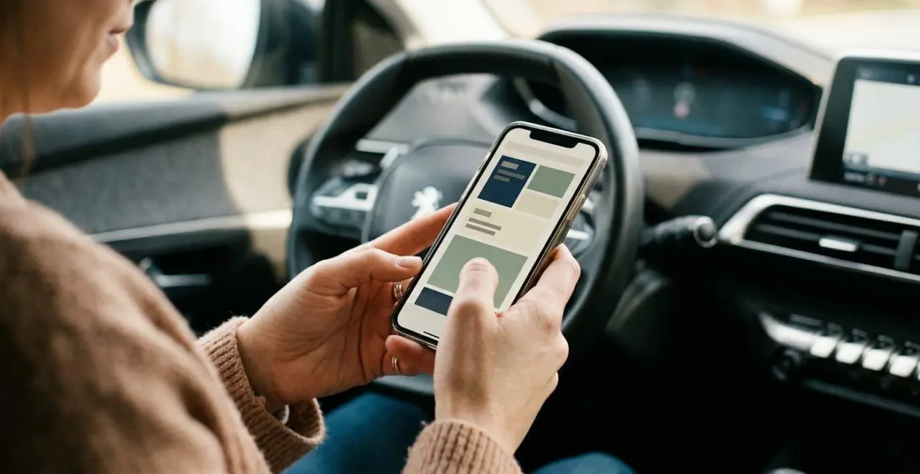 Conducteur consultant le mémo véhicule assuré sur son smartphone près de sa voiture