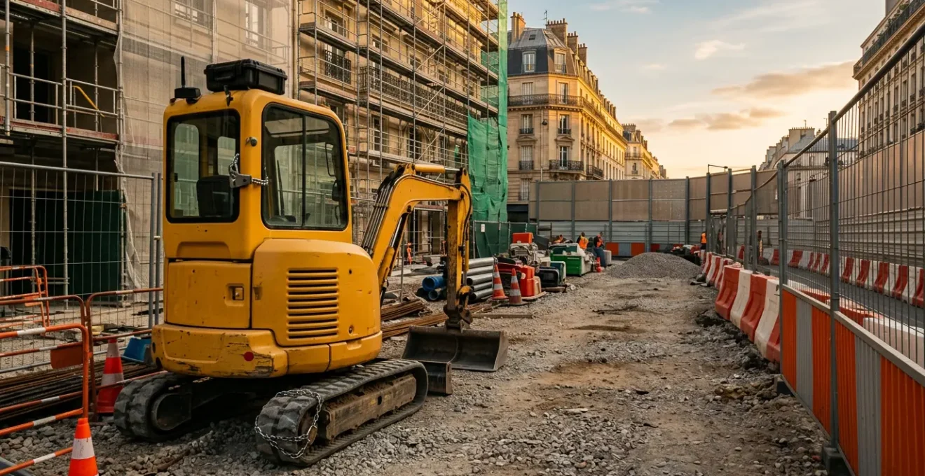 Mini-pelle sécurisée avec système antivol sur un chantier de construction en France
