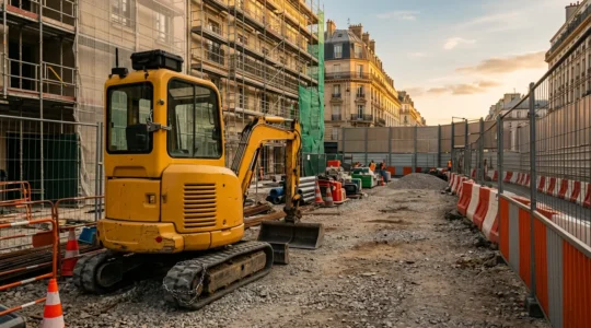 Mini-pelle sécurisée avec système antivol sur un chantier de construction en France