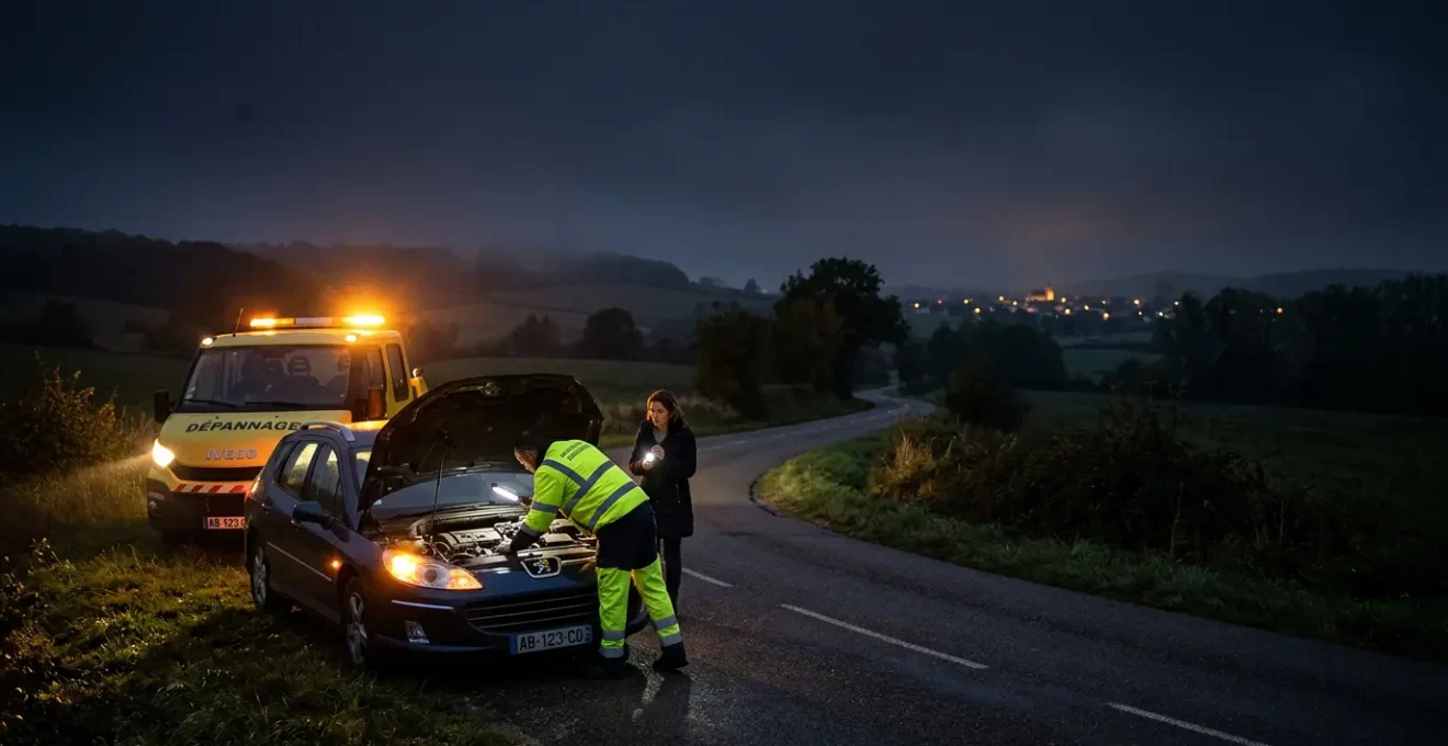 Assistance automobile intervenant de nuit sur une panne au bord d'une route française