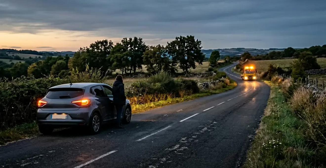 Assistance automobile en action sur route de nuit avec vehicule immobilise