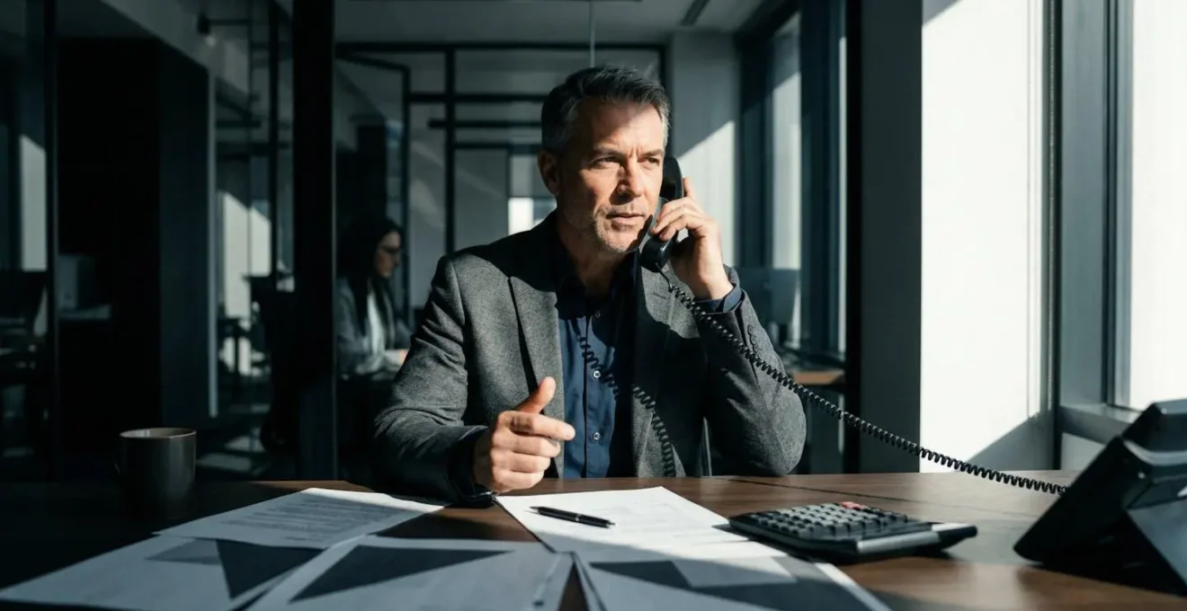 Personne au téléphone avec des documents de comparaison d'assurances étalés sur le bureau, symbolisant la négociation.