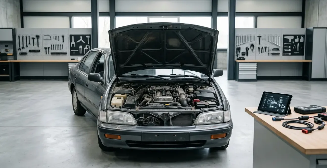 Capot ouvert d'une voiture montrant le moteur avec des outils de diagnostic posés à côté, dans un garage bien éclairé