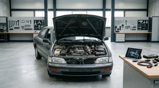 Capot ouvert d'une voiture montrant le moteur avec des outils de diagnostic posés à côté, dans un garage bien éclairé