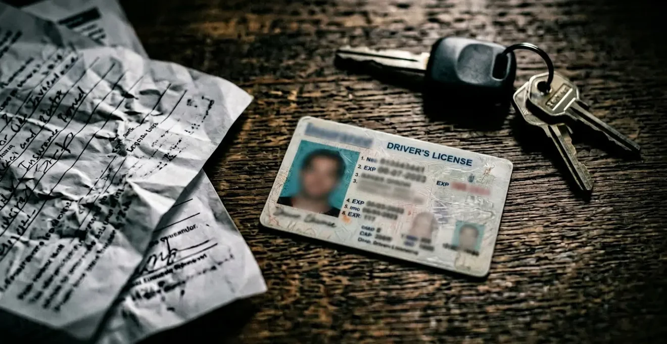Permis de conduire expiré posé à côté de clés de voiture et documents administratifs sur un bureau avec éclairage dramatique