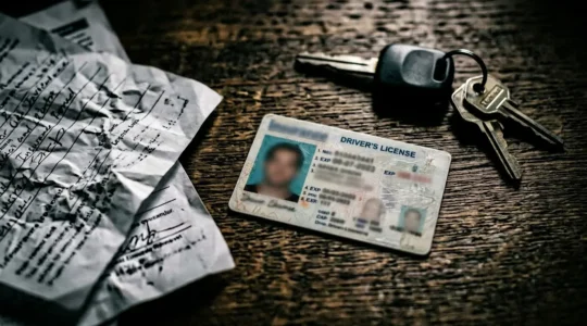 Permis de conduire expiré posé à côté de clés de voiture et documents administratifs sur un bureau avec éclairage dramatique