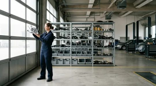 Mécanicien examinant une pièce automobile d'occasion dans un atelier avec des étagères de pièces de réemploi