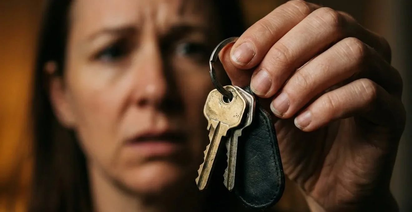 Gros plan sur une main tenant des clés de voiture avec expression inquiète en arrière-plan