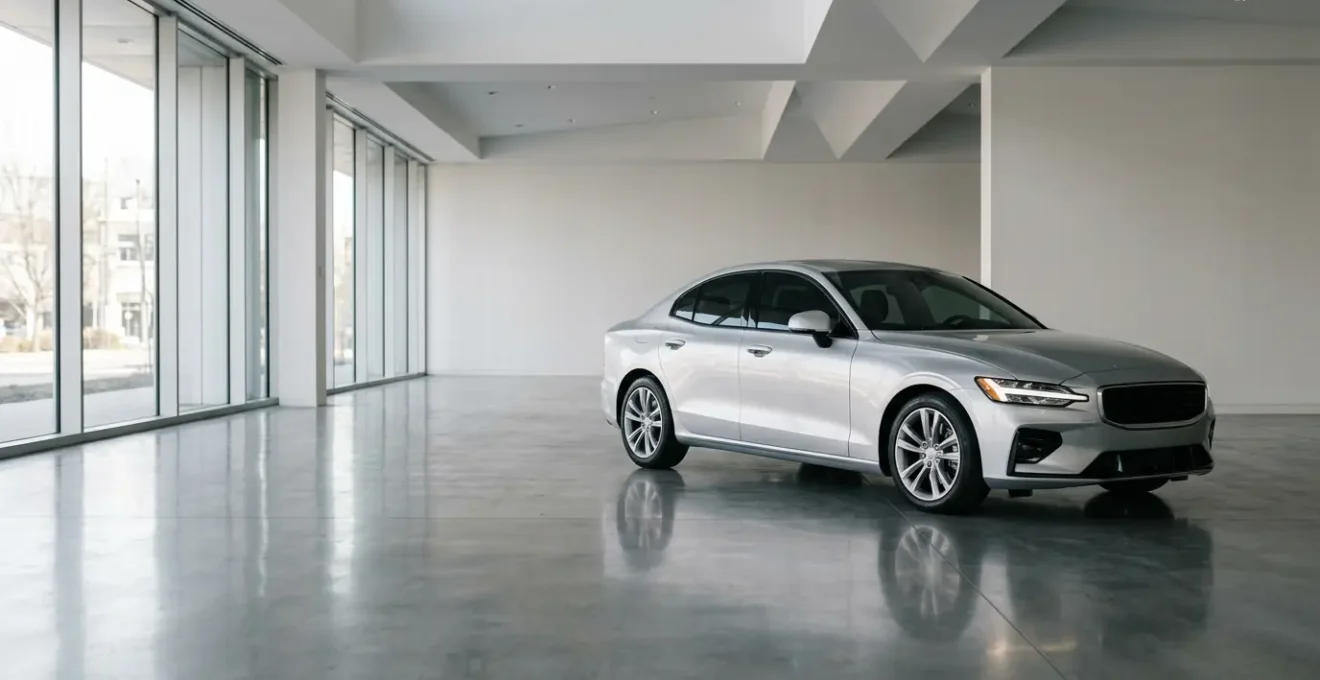 Vue de trois quarts avant d'une voiture neuve dans une concession automobile moderne avec reflets lumineux sur la carrosserie