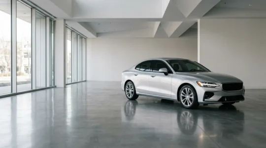 Vue de trois quarts avant d'une voiture neuve dans une concession automobile moderne avec reflets lumineux sur la carrosserie