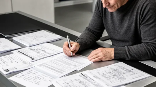 Un conducteur examine des documents juridiques devant sa voiture dans un garage automobile