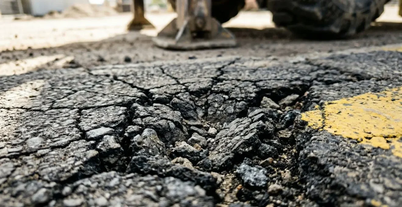 Vue macro des fissures dans l'enrobé causées par le poids d'un camion-benne avec béquilles stabilisatrices