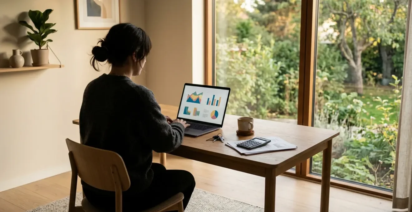 Conducteur analysant des comparatifs d'assurance auto sur ordinateur portable dans un bureau moderne et lumineux