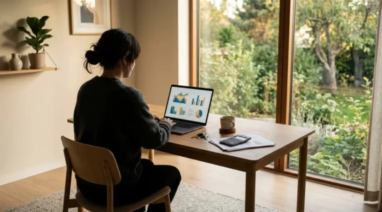 Conducteur analysant des comparatifs d'assurance auto sur ordinateur portable dans un bureau moderne et lumineux