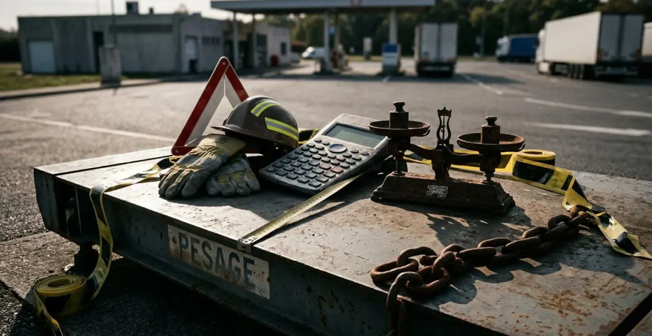 Scène de contrôle routier avec focus sur les équipements de pesage et documentation officielle