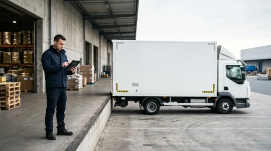 Transporteur professionnel vérifiant ses documents d'assurance avec un camion et des palettes en arrière-plan