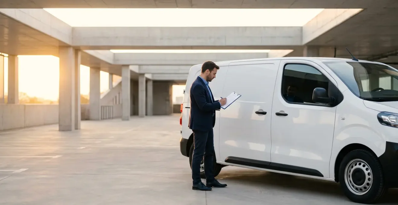 Professionnel vérifiant l'état d'un véhicule utilitaire blanc dans un parking couvert avant restitution
