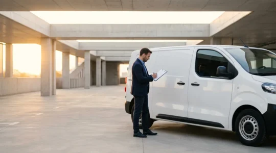 Professionnel vérifiant l'état d'un véhicule utilitaire blanc dans un parking couvert avant restitution