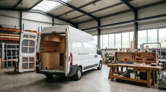 Véhicule utilitaire en cours d'aménagement dans un atelier professionnel avec équipements spécialisés