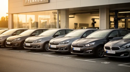 Vue d'un parking de concessionnaire automobile avec véhicules de prêt alignés sous une lumière matinale