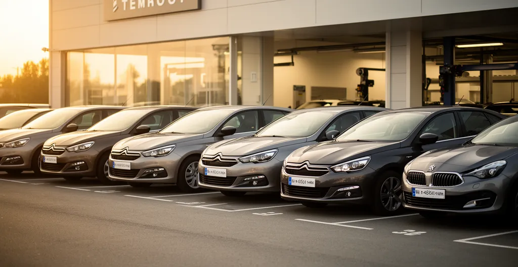 Vue d'un parking de concessionnaire automobile avec véhicules de prêt alignés sous une lumière matinale