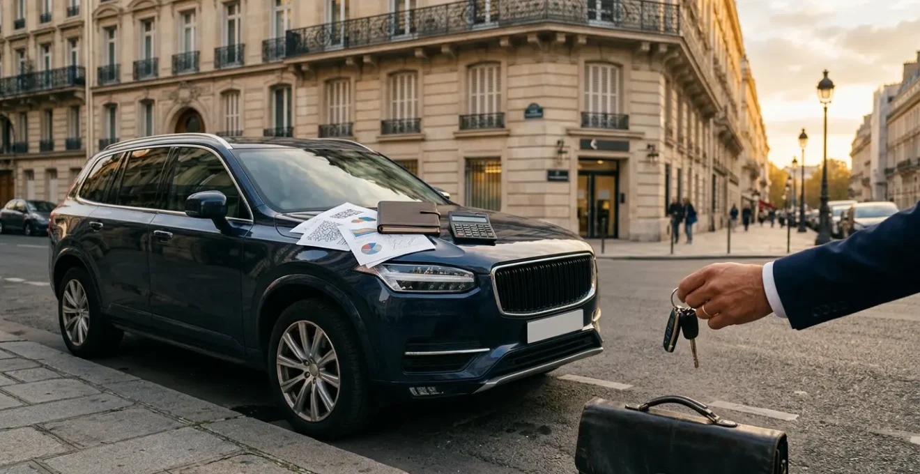 Véhicule professionnel avec carnet de bord et documents fiscaux dans un environnement de travail