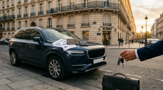 Véhicule professionnel avec carnet de bord et documents fiscaux dans un environnement de travail