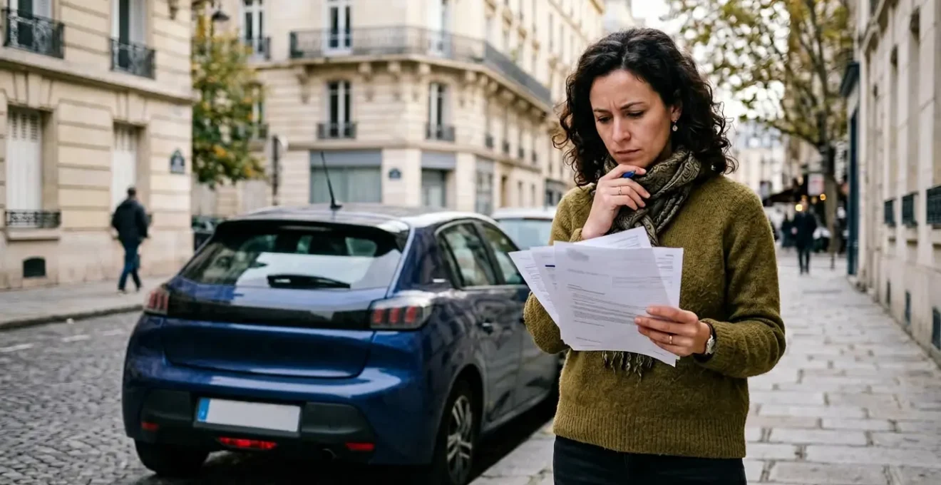 Conducteur pensif devant une voiture moderne avec papiers d'assurance en main