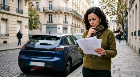 Conducteur pensif devant une voiture moderne avec papiers d'assurance en main