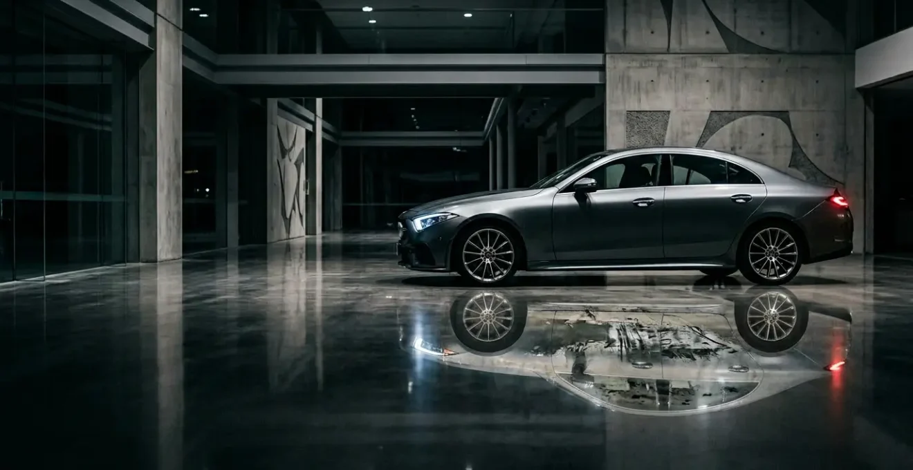 Vue latérale d'une voiture neuve moderne dans un showroom avec reflets et courbe de dépréciation imaginaire