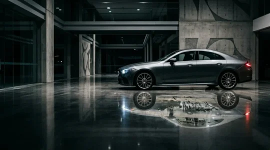 Vue latérale d'une voiture neuve moderne dans un showroom avec reflets et courbe de dépréciation imaginaire