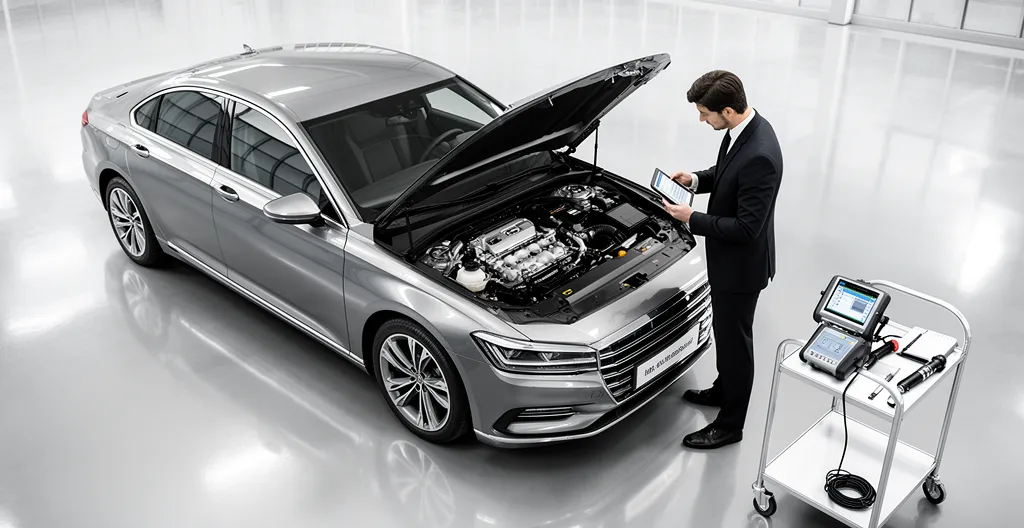 Examen d'une voiture d'occasion avec documents d'expertise et outils de vérification