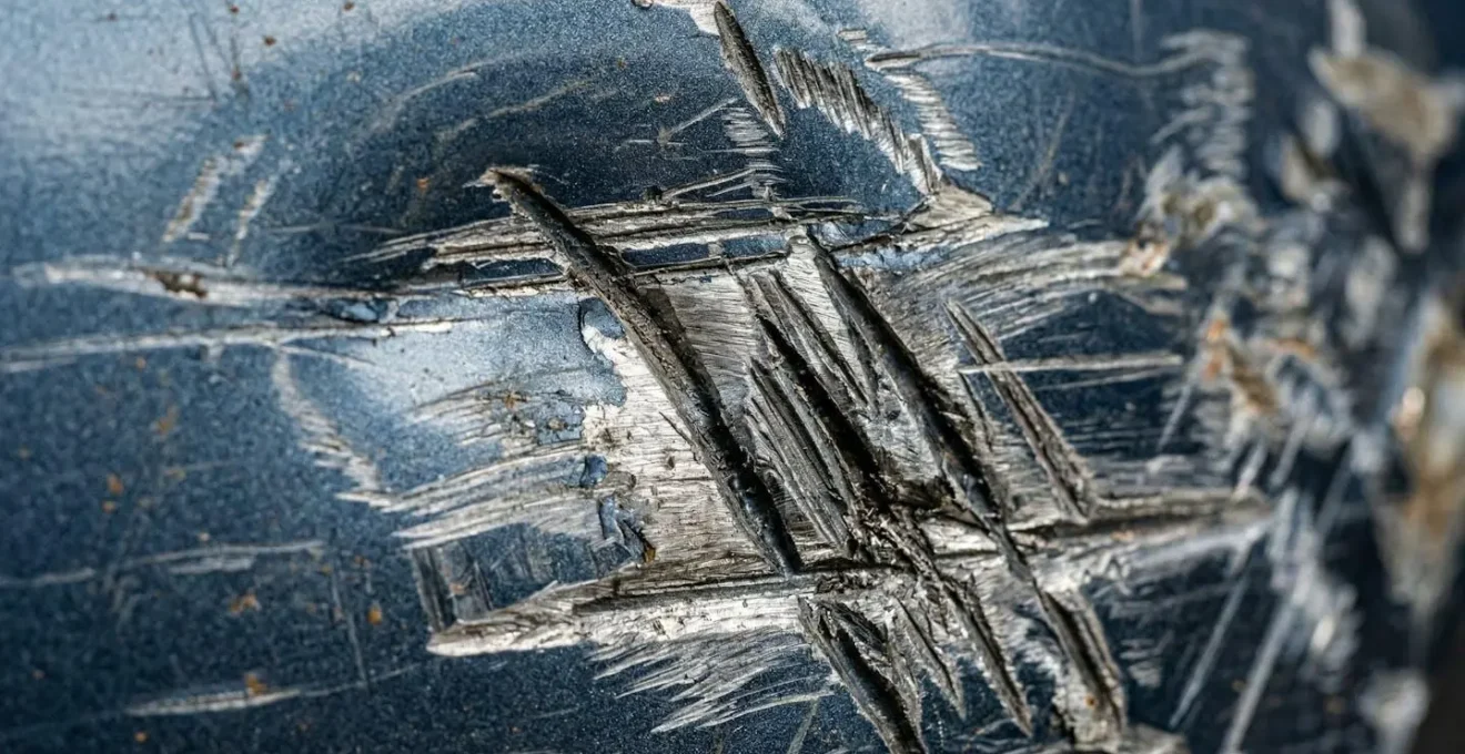 Vue macro détaillée d'un impact sur carrosserie de véhicule utilitaire montrant la texture des dommages