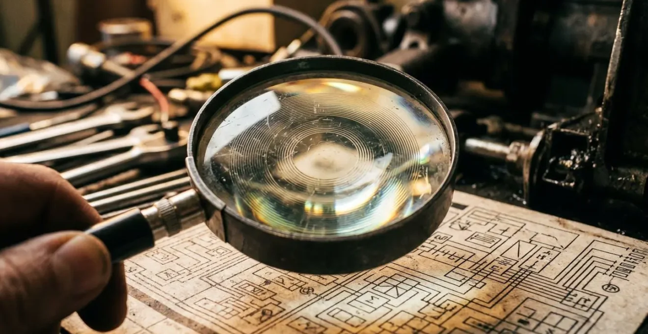 Analyse minutieuse d'un rapport d'expertise automobile avec une loupe et des marqueurs pour repérer les détails importants.