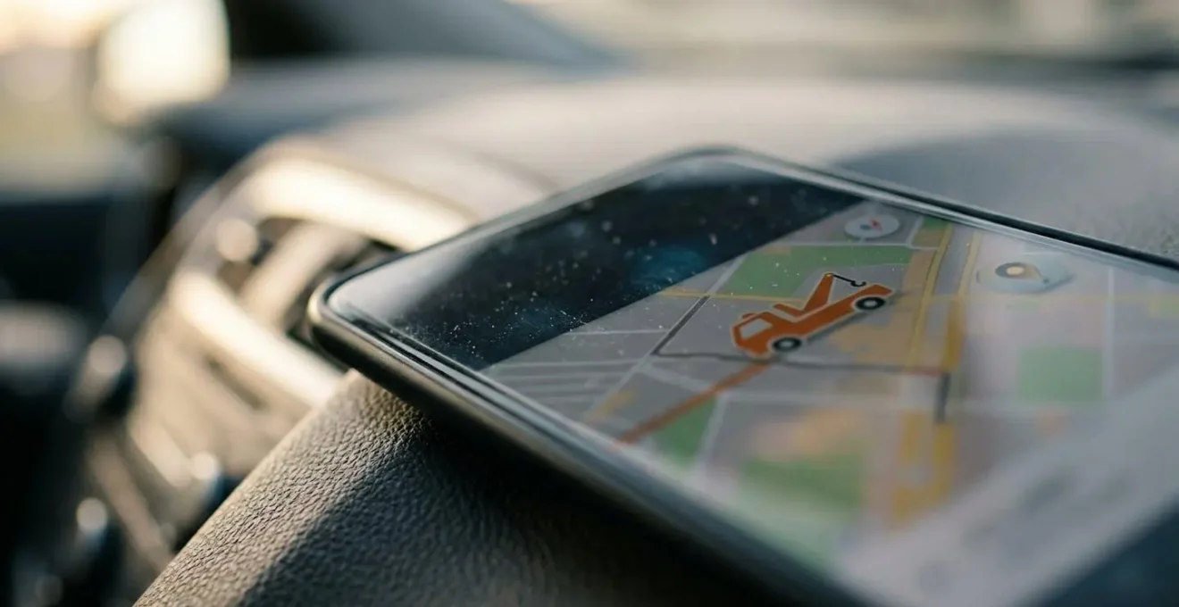 Smartphone affichant une carte avec position GPS et dépanneur en approche, posé sur tableau de bord