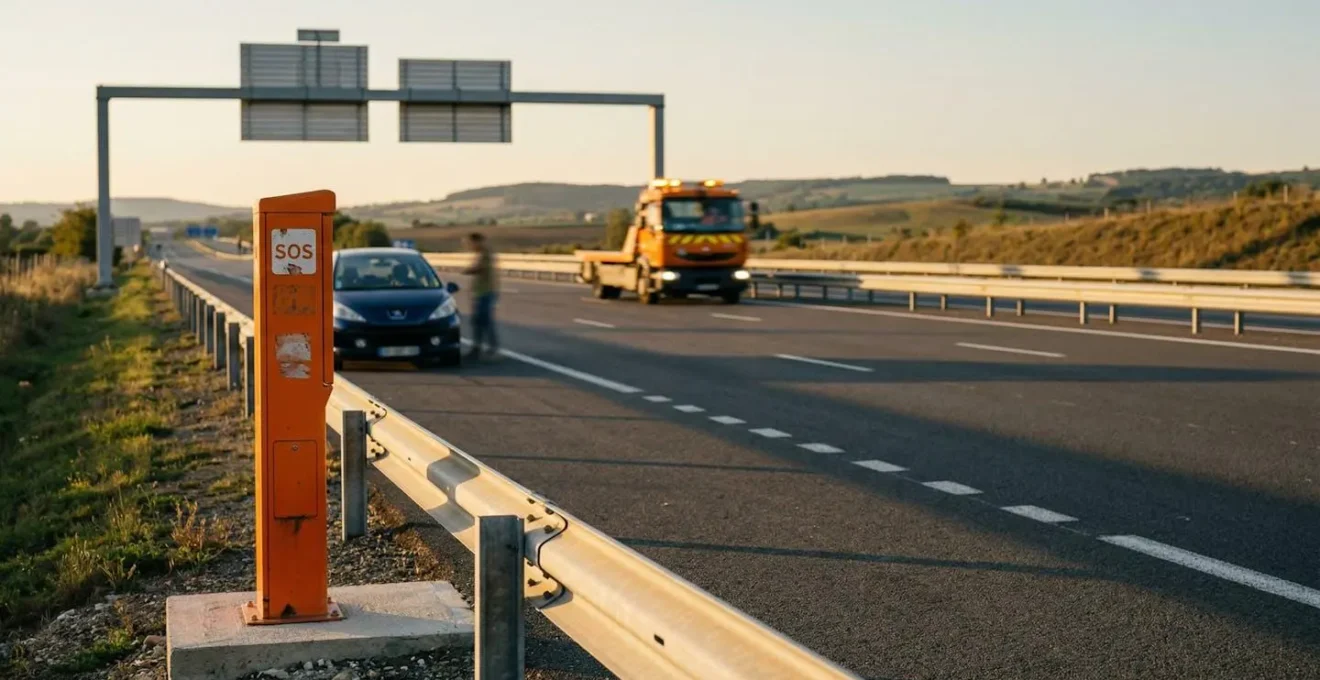 Borne d'appel d'urgence orange sur autoroute française avec véhicule en panne en arrière-plan