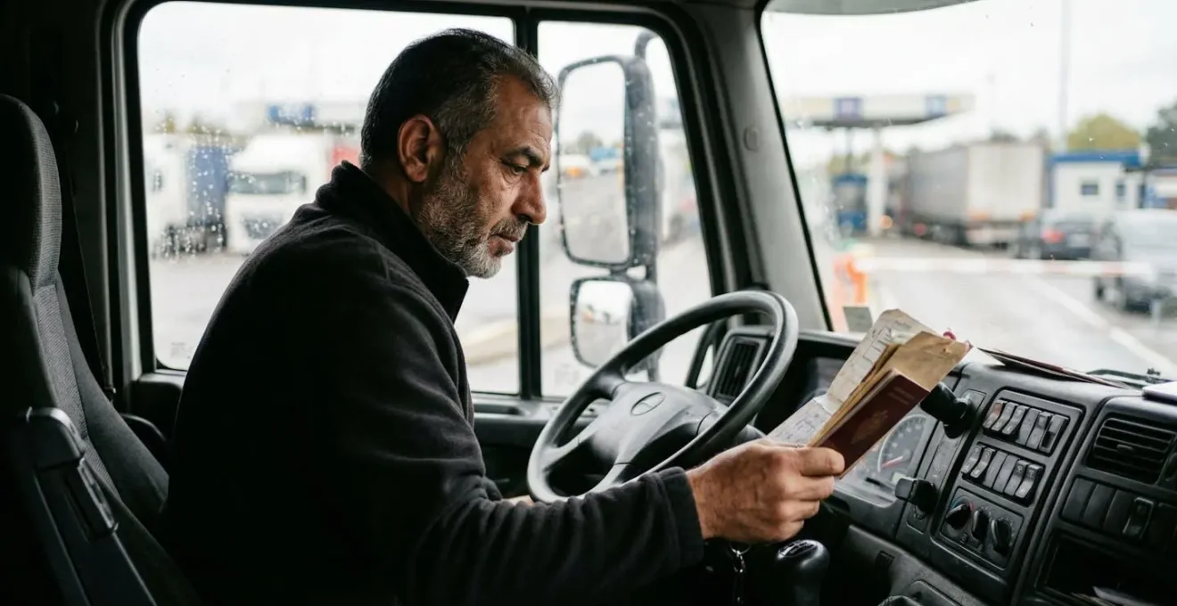 Poste de contrôle douanier européen avec camions en attente